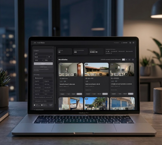 Tela do painel Imobi Radar exibindo imóveis, filtros e comparação de anúncios